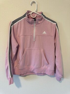 Girls Adidas Pink 1/4 Zip Pullover with Classic Black Stripes